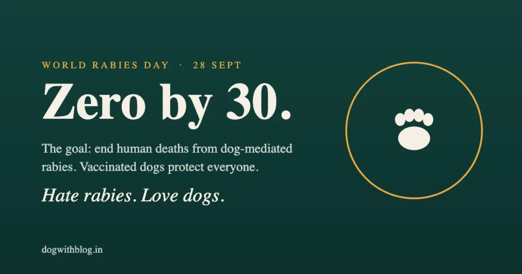 World Rabies Day graphic for 28 September: the Zero by 30 goal to end human deaths from dog-mediated rabies through dog vaccination