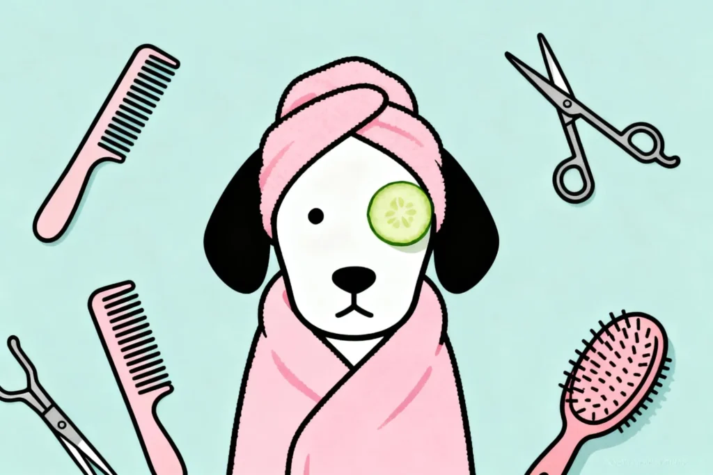 modern dog beauty brands and grooming products - Minimalist illustration of a cartoon dog in a pink towel with a cucumber slice over its eye, surrounded by a comb, brush, and grooming tools, on a pastel banner background.