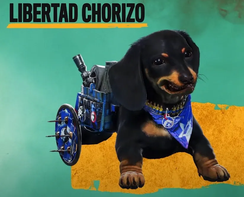 Chorizo the disabled dachshund puppy in a wheelchair from Far Cry 6
