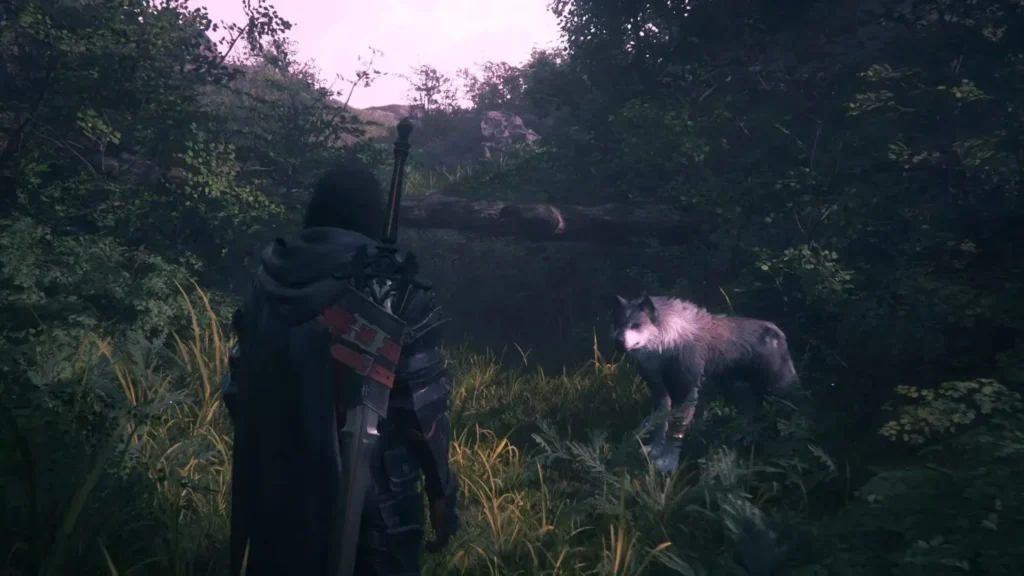 Torgal the Frost Wolf from Final Fantasy 16 in a combat stance alongside Clive