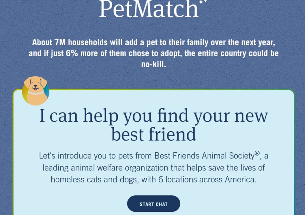 An illustration for Amazon's PetMatch tool featuring a cartoon dog in a yellow circle. The text highlights that if 6% more households chose to adopt, the entire country could be no-kill. It includes a partnership note with the Best Friends Animal Society and a "Start Chat" button to find a new best friend.