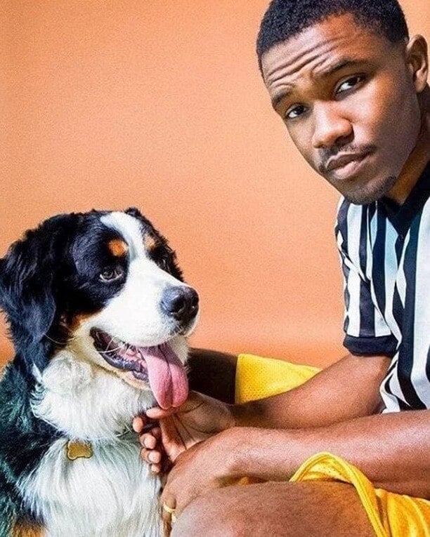 A close-up portrait of singer Frank Ocean wearing a black and white striped shirt and yellow shorts. He is resting his hand on the chest of his Bernese Mountain Dog, Everest, who is panting with a happy expression against a solid peach-colored background.