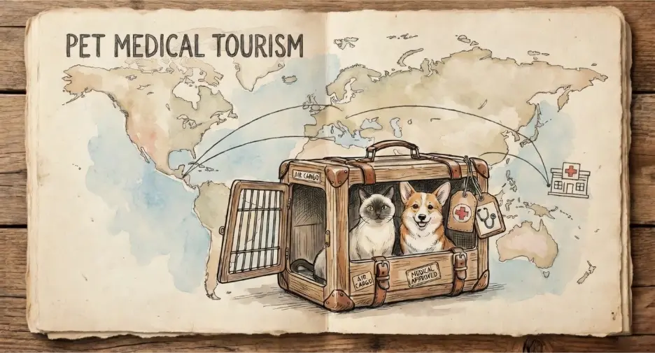 Illustration of a cat and dog in a travel crate on a world map, representing the rising trend of pet medical tourism for affordable international vet care.
