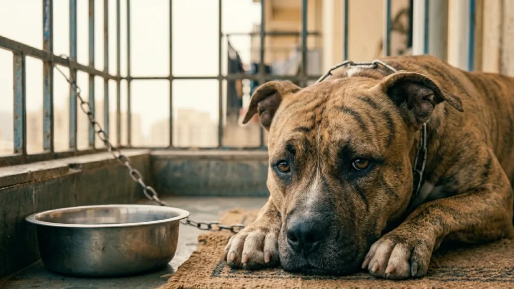 A calm Pitbull resting at home, the breed at the centre of India's banned dog breeds debate.