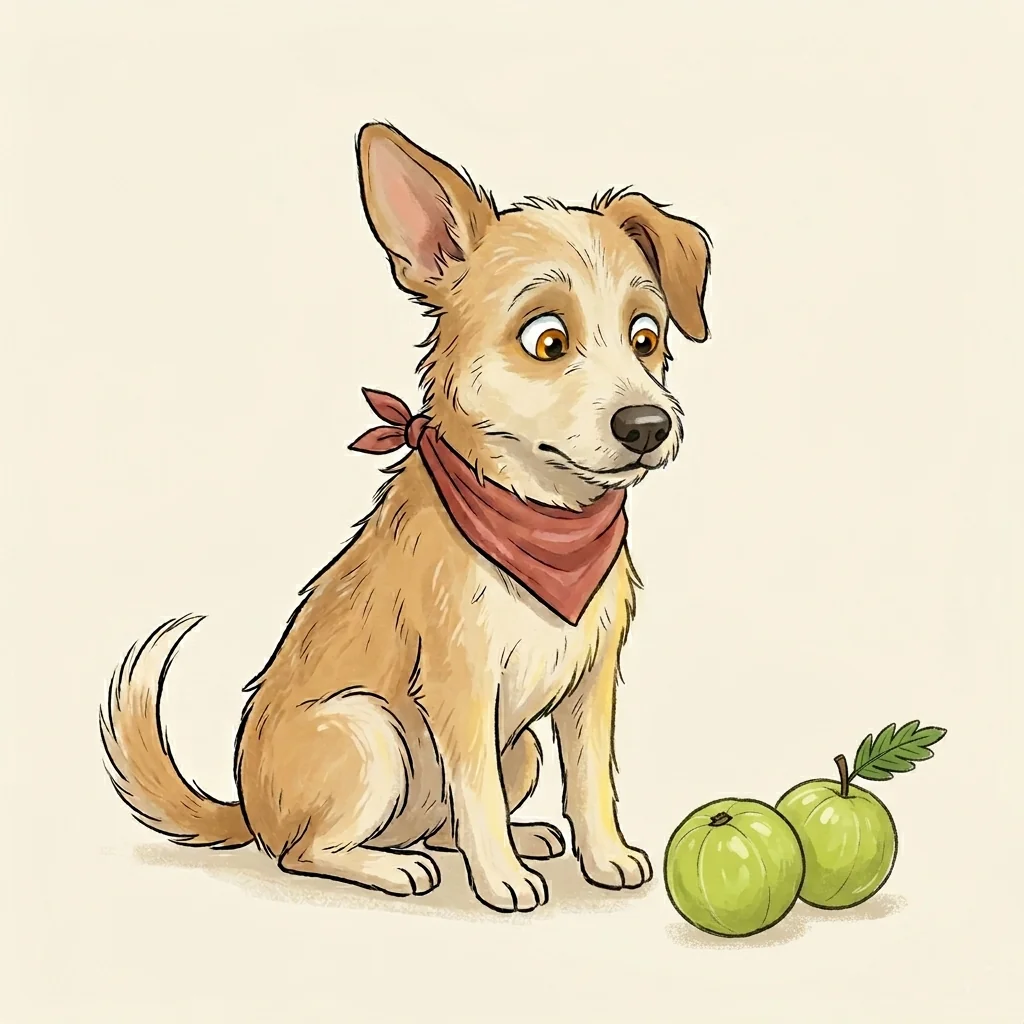 Can dogs eat amla? A Dog with Blog illustration of a dog beside two fresh green amla (Indian gooseberry) fruits.