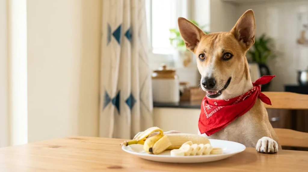 A dog in a red bandana looking at peeled banana slices on a plate — can dogs eat banana
