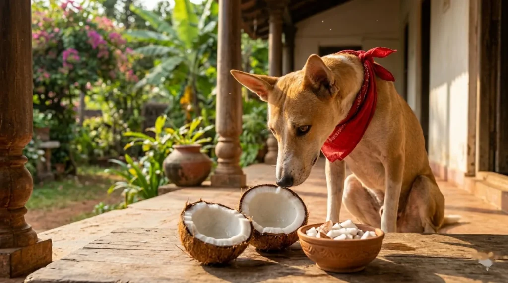 A dog in a red bandana sniffing fresh coconut and a bowl of coconut flesh — can dogs eat coconut