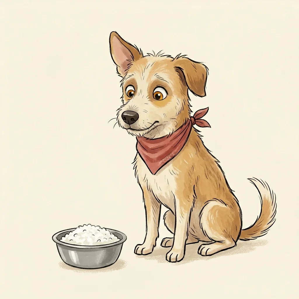 Can dogs eat curd rice? A Dog with Blog illustration of a dog beside a steel bowl of plain curd rice.