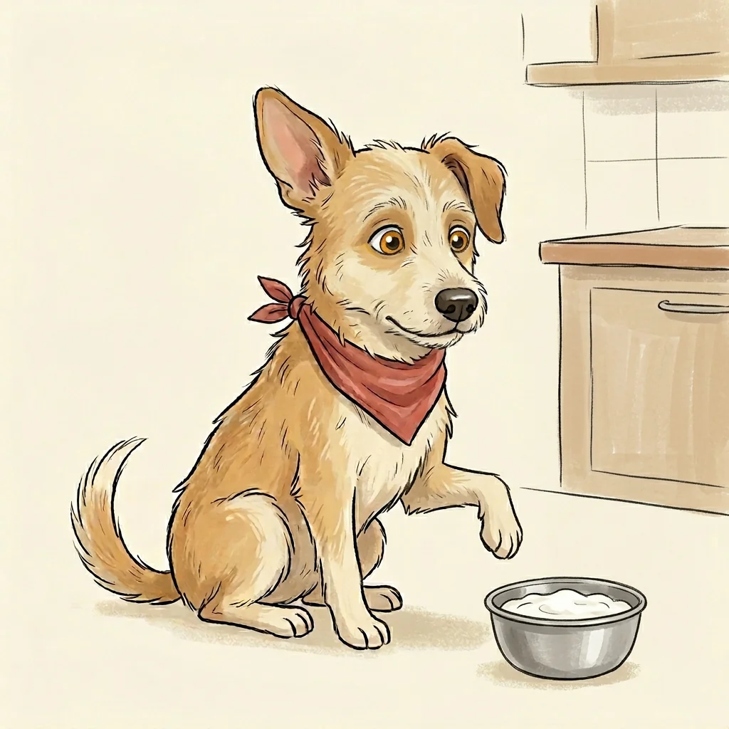 Can dogs eat curd? A Dog with Blog illustration of a dog beside a steel bowl of plain curd (dahi).