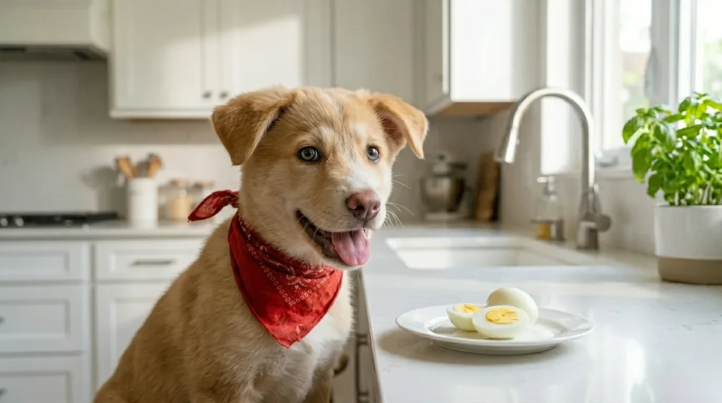 A dog in a red bandana beside a plate of boiled eggs — can dogs eat eggs
