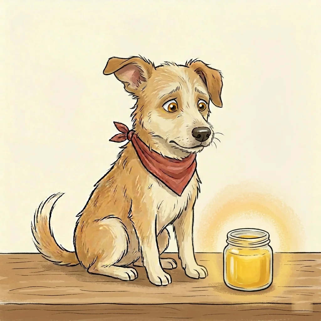 Can dogs eat ghee? A Dog with Blog illustration of a dog leaning back from a small jar of golden ghee.