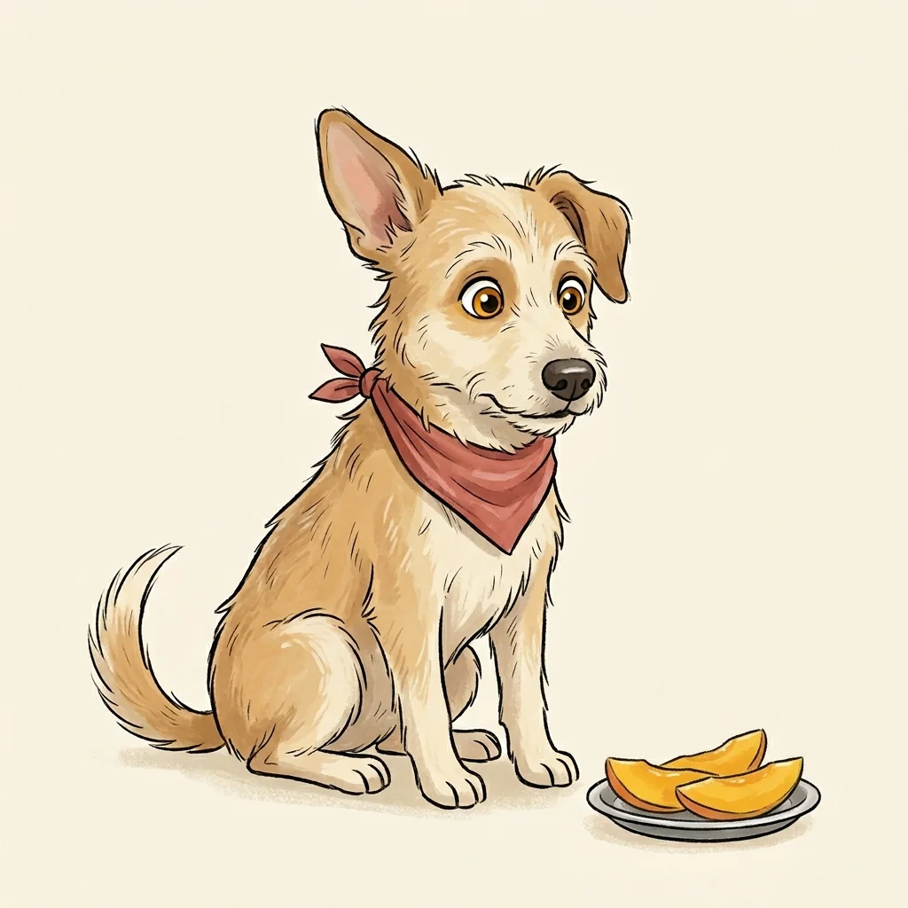Can dogs eat mango? A Dog with Blog illustration of a dog eyeing peeled mango slices on a plate.