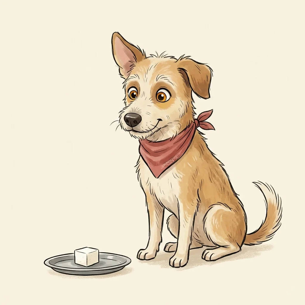 Can dogs eat paneer? A Dog with Blog illustration of a dog eyeing a cube of plain paneer on a plate.