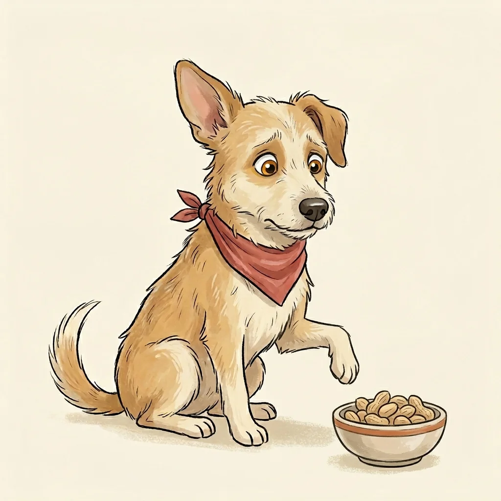 Can dogs eat peanuts? A Dog with Blog illustration of a dog eyeing a small bowl of plain shelled peanuts.