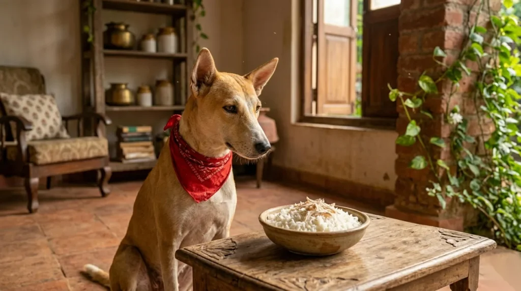 A dog in a red bandana beside a bowl of plain cooked rice — can dogs eat rice