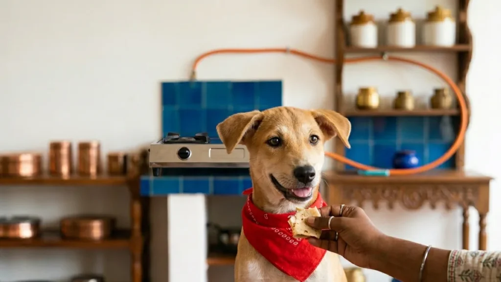 A dog in a red bandana being offered a piece of plain roti (chapati) in an Indian kitchen — can dogs eat roti