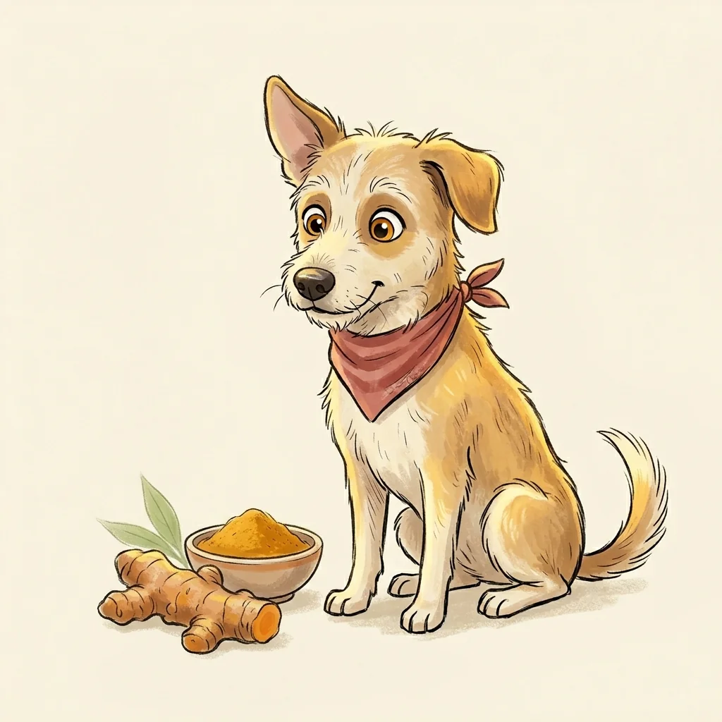 Can dogs eat turmeric (haldi)? A Dog with Blog illustration of a dog beside turmeric root and a bowl of haldi powder.