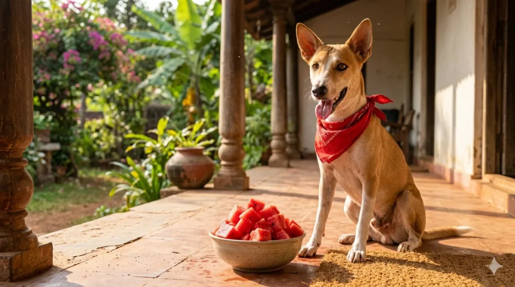 A dog in a red bandana beside a bowl of watermelon cubes — can dogs eat watermelon