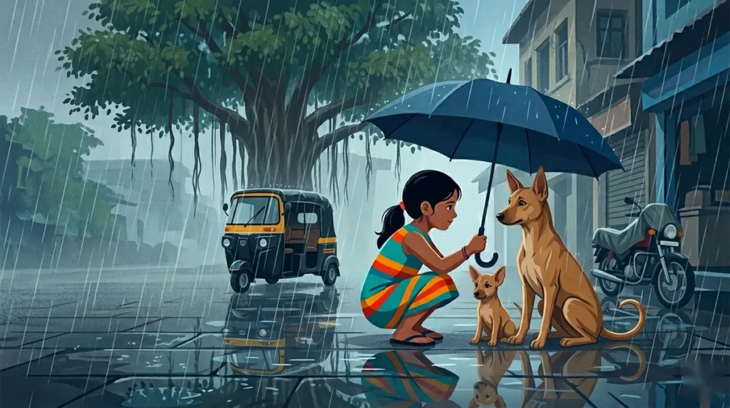 A child shelters Indian street dogs under an umbrella in the monsoon rain