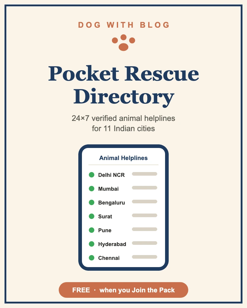 Pocket Rescue Directory on a phone listing verified animal helpline numbers for Indian cities, free when you join the Dog with Blog Pack.