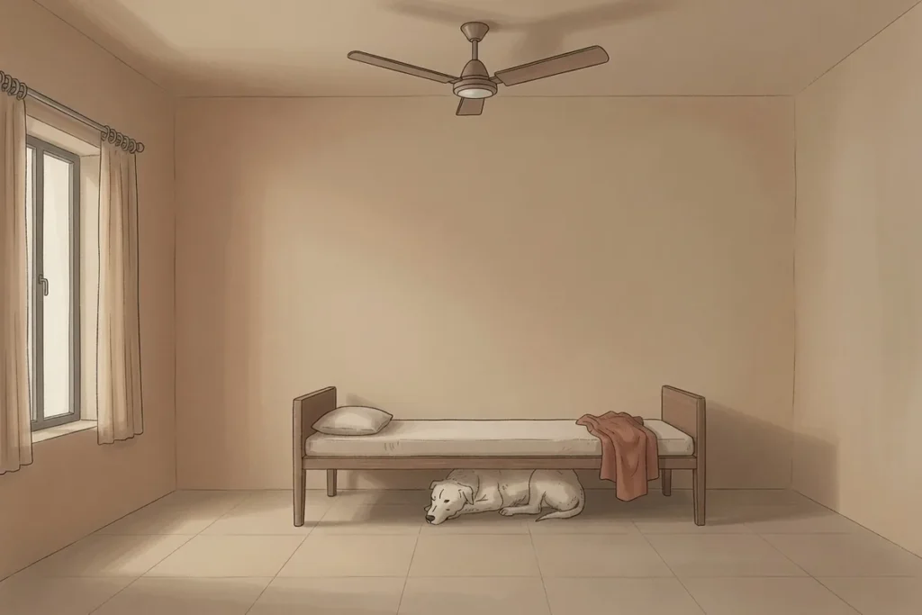 dog resting under a cot in an empty room