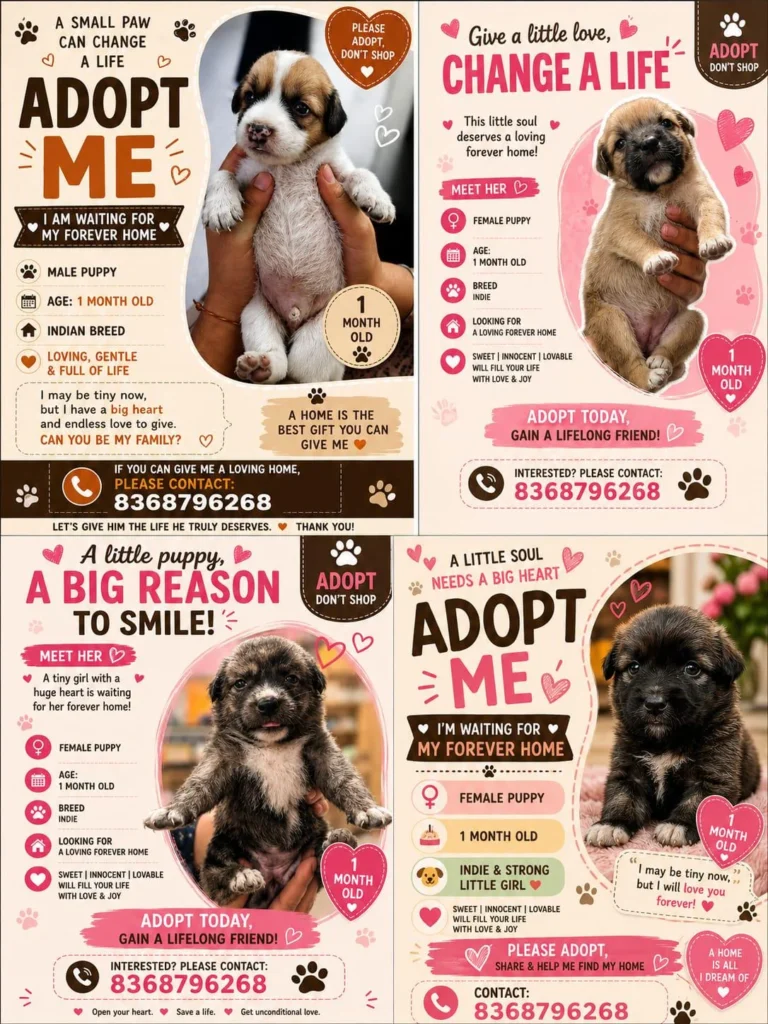 Four one-month-old indie puppies, one male and three female, up for adoption in Delhi NCR