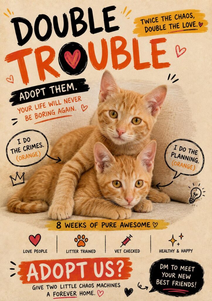 Poster of two orange kittens, one lying with a paw over the other, headed Double Trouble