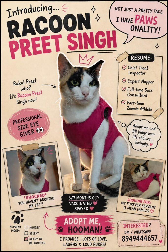 Racoon Preet Singh, a six-month-old spayed cat up for adoption