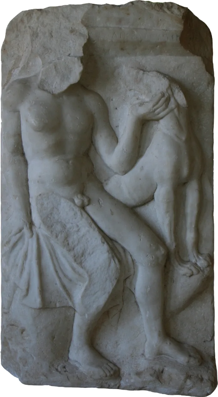 Ancient Greek funerary stele from the 4th century BC showing a hunter with his loyal dog