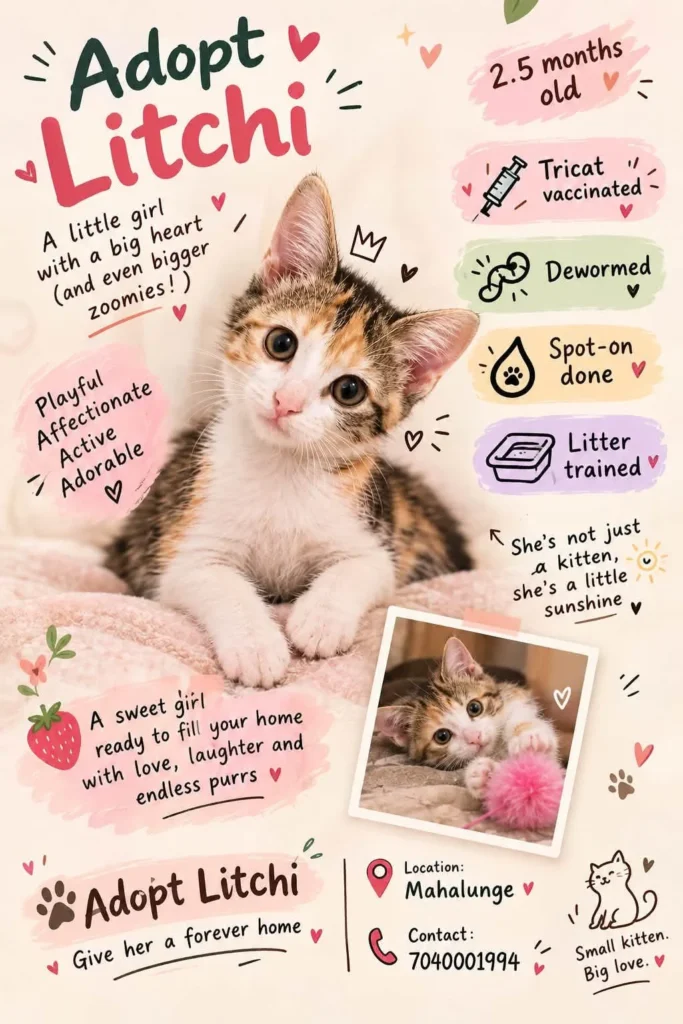 Adoption poster for Litchi, a calico kitten, showing her resting on a blanket and playing with a pink toy in an inset photo