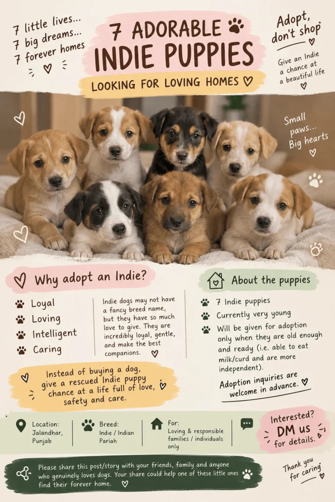 Adoption poster showing seven Indie puppies of different colors sitting together, with adoption details for Jalandhar, Punjab