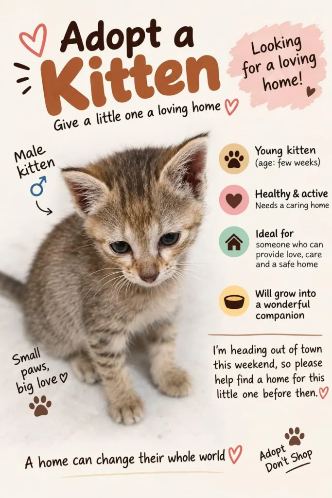 Small tabby male kitten with grey and cream stripes standing on a white background, from an adoption poster