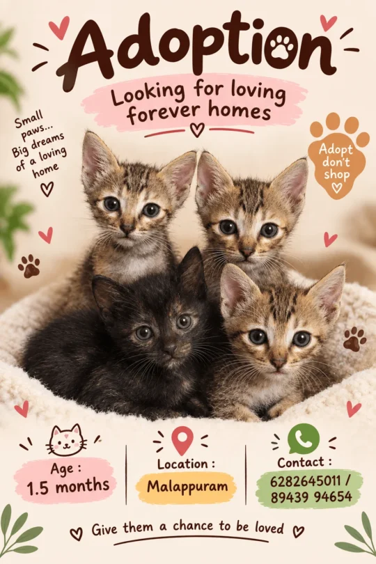 Four Foster Kittens Whose Mother Died Need a Loving Home, adoptable cat in Malappuram