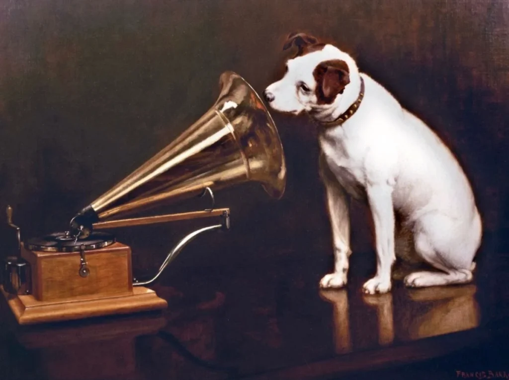Francis Barraud's original 1898 painting of Nipper listening to a phonograph, the source of the His Master's Voice logo