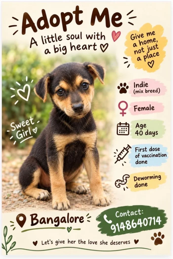 Adoption poster for a black-and-tan indie puppy sitting outdoors, listing her age, vaccination status, and contact number