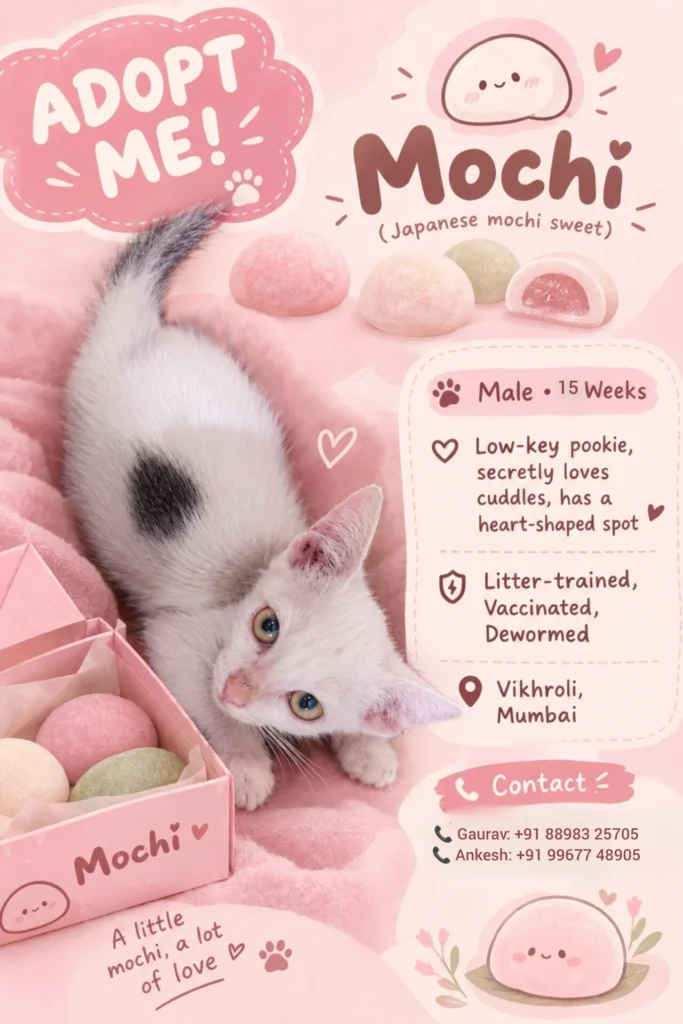 Mochi, one of four kittens from the Vikhroli litter, peeking out of a box on a pink blanket