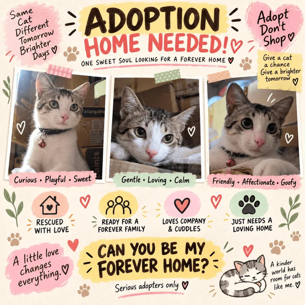Adoption poster for Marco showing three photos of a brown-and-white tabby cat wearing a red collar with a bell, captioned 'Adoption Home Needed'