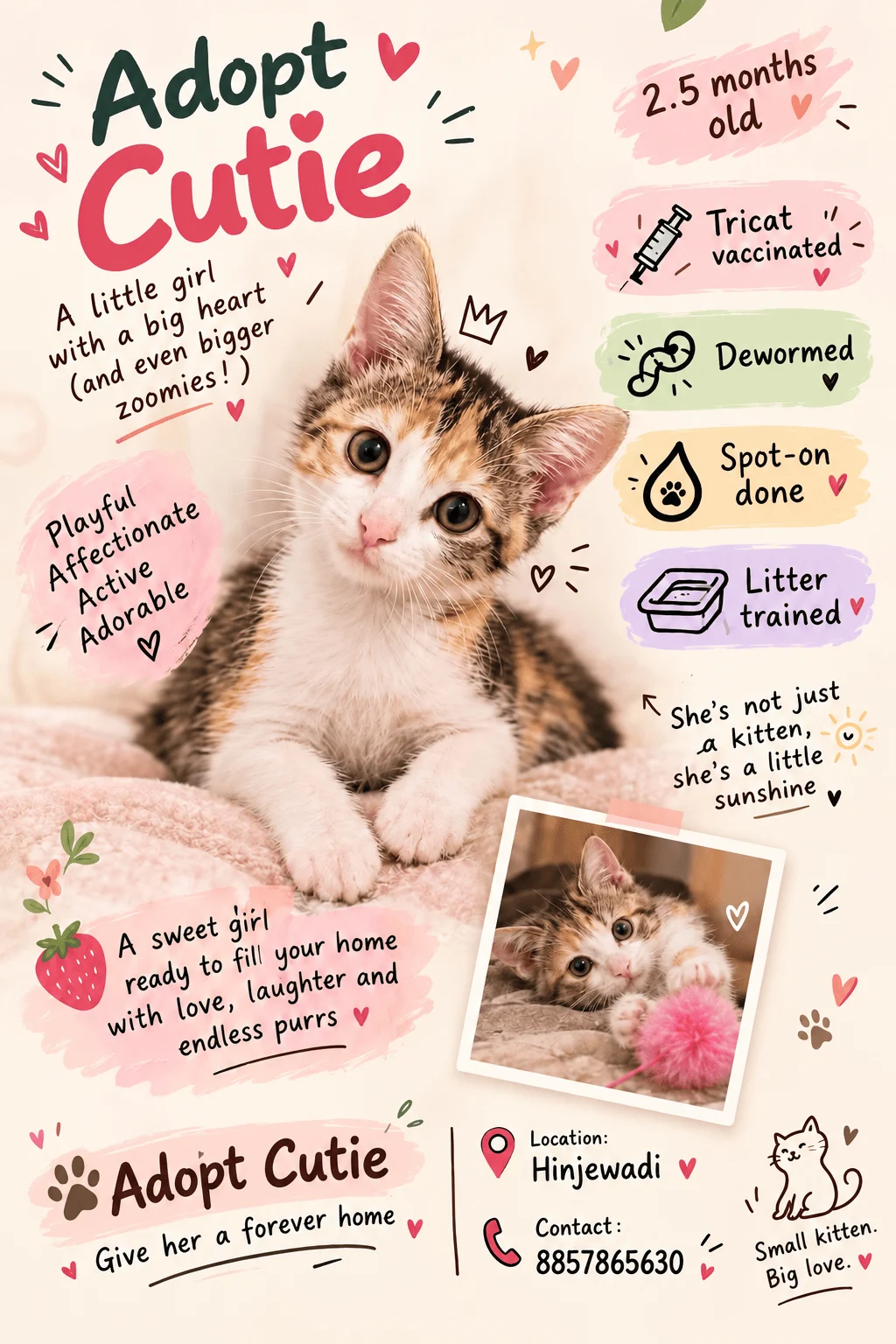 An adoption poster for Cutie, a calico kitten, listing her age, vaccination and deworming status