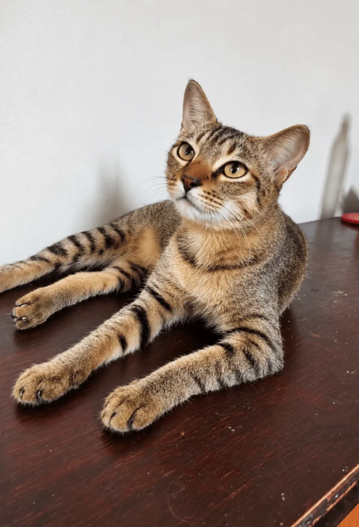 Tabby cat lying on a wooden table and looking up. Max, a spayed one-year-old cat in Mumbai.
