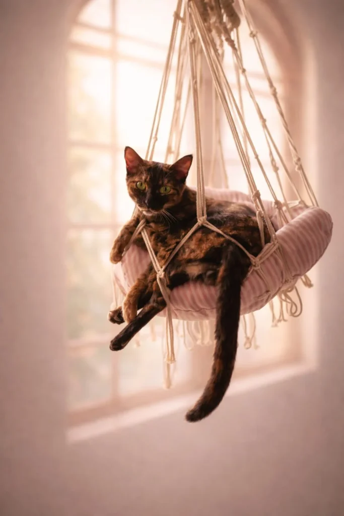 Tortoiseshell cat resting in a macrame hanging chair in a sunlit arched window