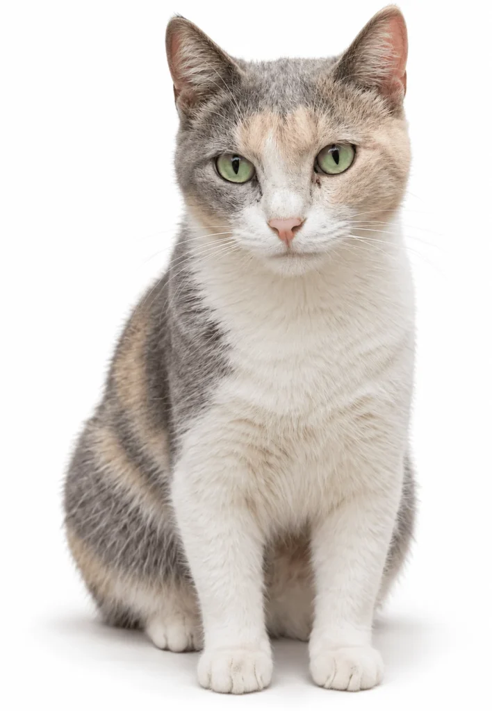 Calico cat with grey and cream patches, white chest and green eyes, sitting upright. Percy, adoptable in Delhi NCR.