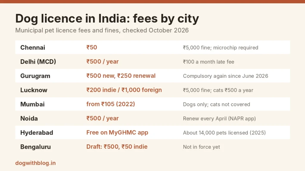 Dog licence in India: municipal fees and fines by city, October 2026