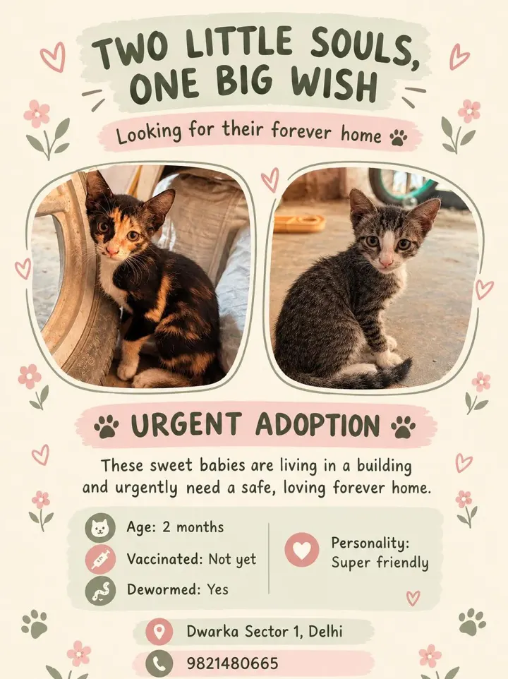 Adoption poster for two 2-month-old kittens in Dwarka, Delhi, showing a calico kitten and a grey tabby kitten with white markings, with their age, deworming status and contact number.