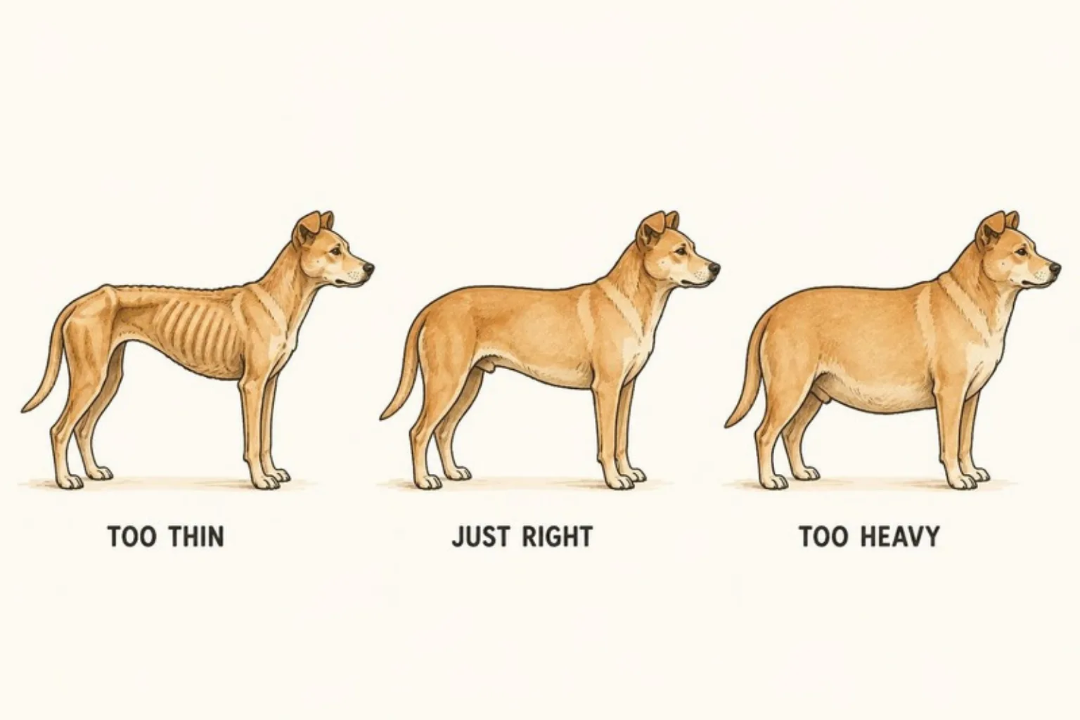 Side-view illustration of the same Indian street dog at three weights: too thin with ribs, spine and hip bones showing; just right with a gentle tuck at the belly; and too heavy with a sagging belly and no waist