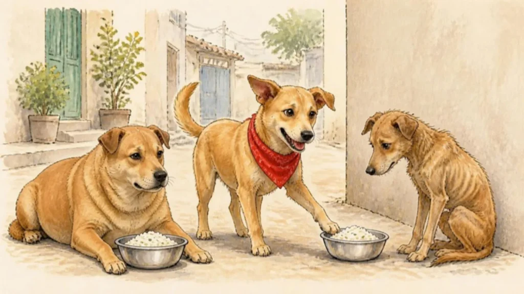 Illustration of an overweight street dog and a thin street dog on a Delhi lane, with Dog with Blog's mascot sliding a bowl of curd rice to the thin dog