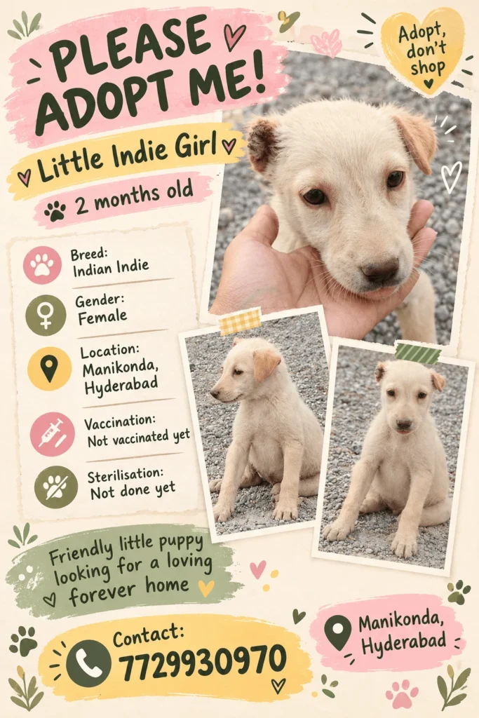 Adoption poster for Little Indie Girl, a two-month-old cream female puppy in Manikonda, Hyderabad, with three photos of her on gravel and details of her age, breed, vaccination status and a contact number.
