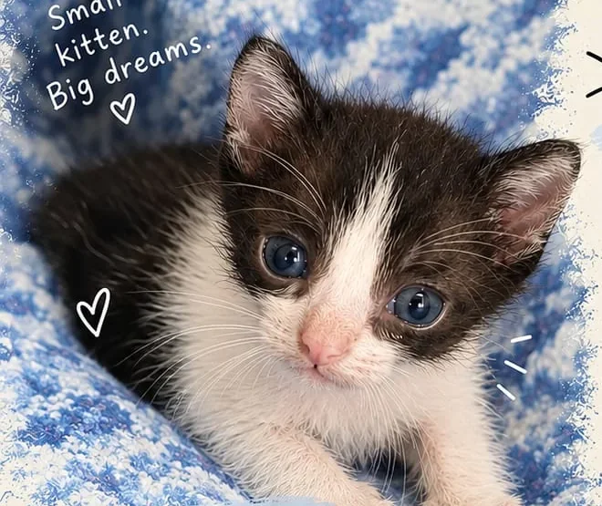Black and white kitten with blue eyes, a pink nose and a white blaze, resting its paws on a blue and white knitted blanket. Chess, one of four six-week-old kittens in Goregaon East, Mumbai.