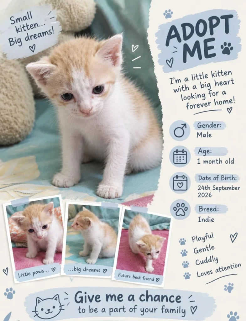 Adoption poster for a one-month-old Indie kitten: a ginger and white kitten sitting on a pastel bedsheet with three smaller photos below. One of three kittens needing homes in Bengaluru.