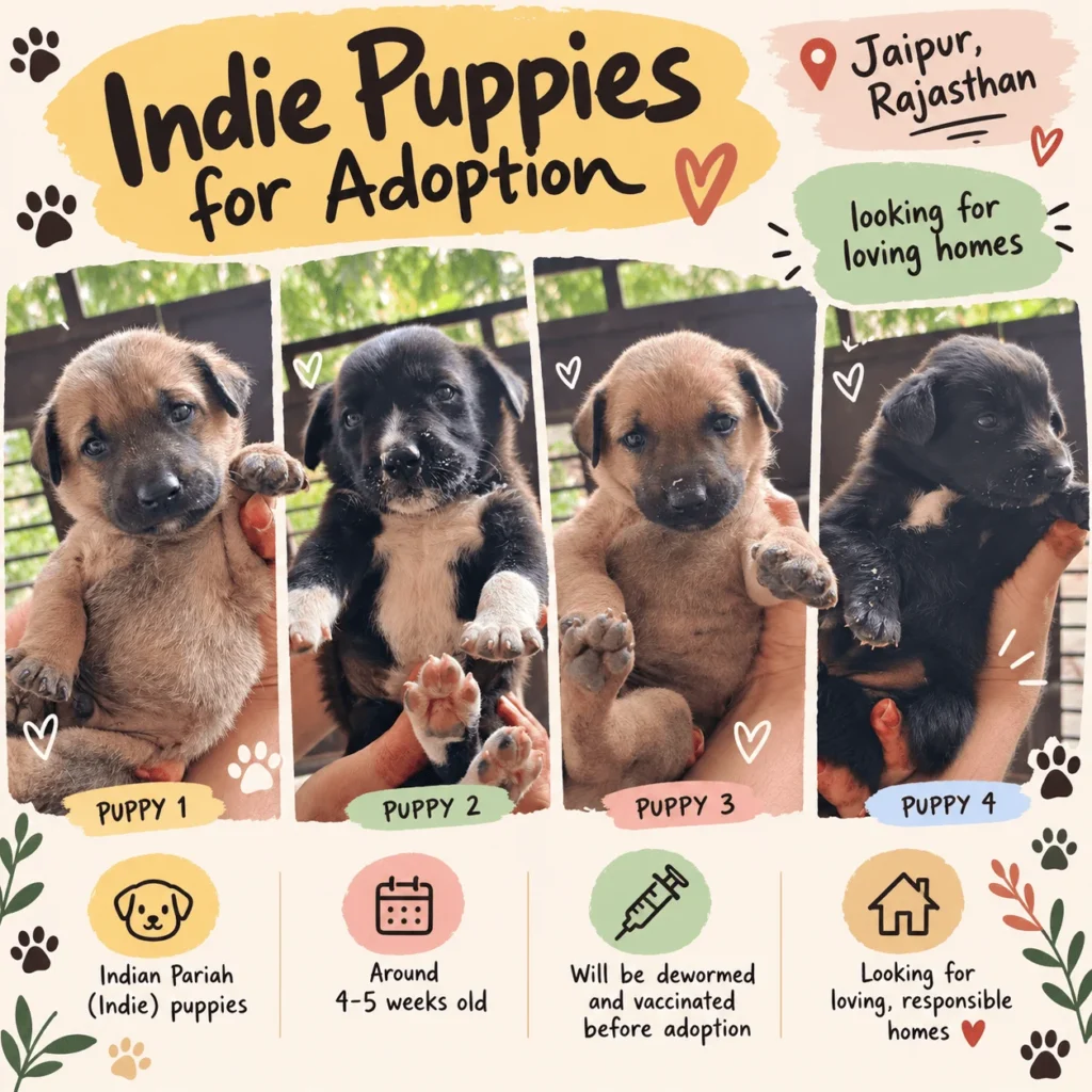 Adoption poster showing four Indie puppies held in hands and labelled Puppy 1 to 4, two tan and two black with white markings, for adoption in Jaipur, Rajasthan.