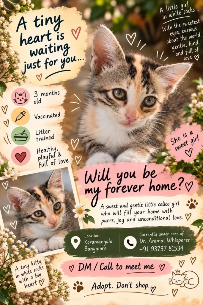 Adoption poster for a three-month-old calico kitten with white socks, with a second small photo of her, in Koramangala, Bengaluru